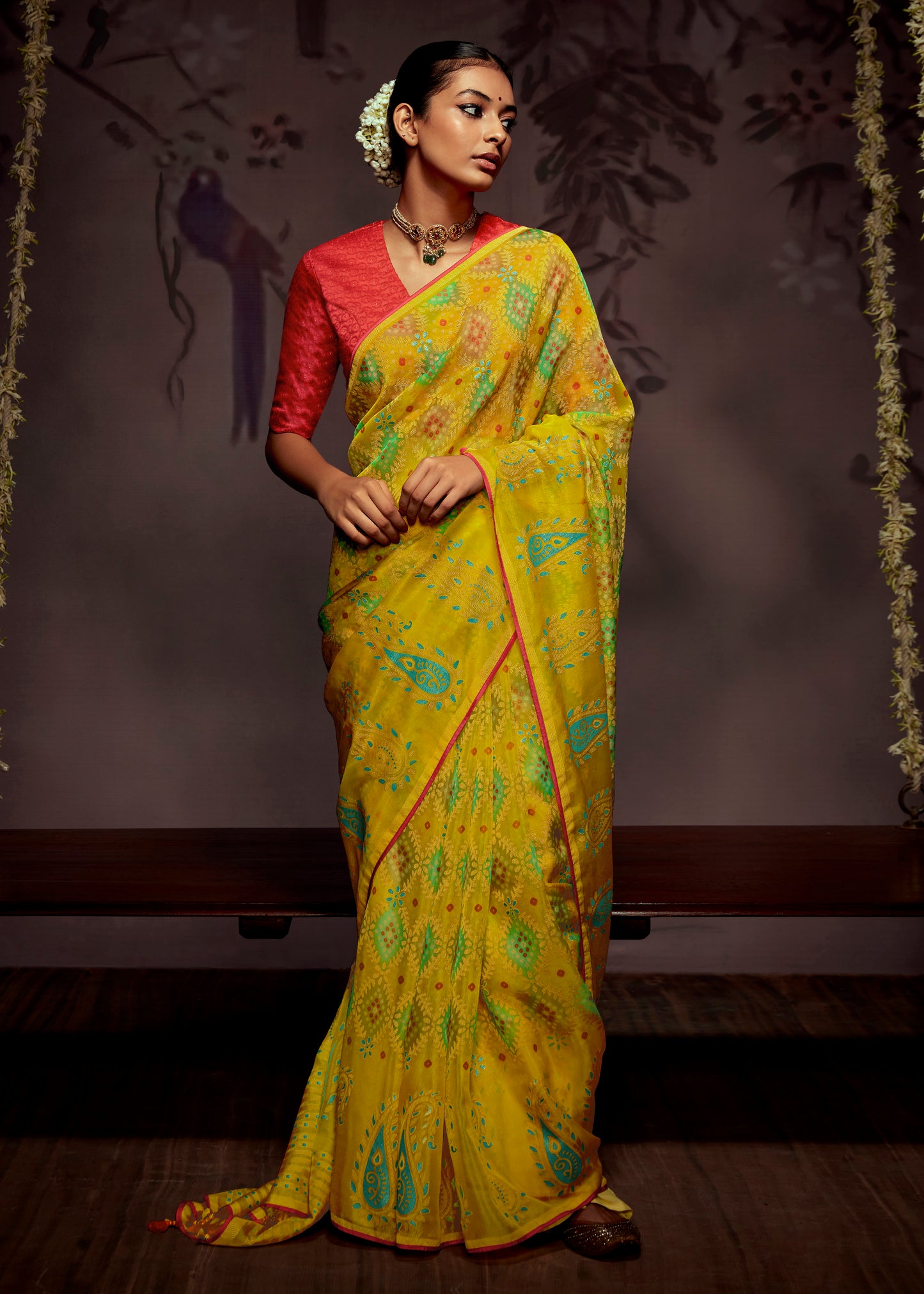 Lemon Yellow  Checks Designer Soft Organza Saree with Zari Border