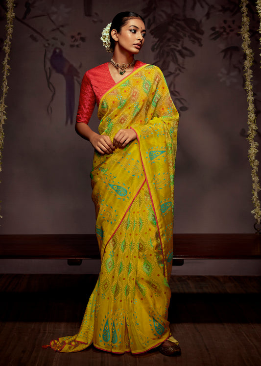 Lemon Yellow  Checks Designer Soft Organza Saree with Zari Border