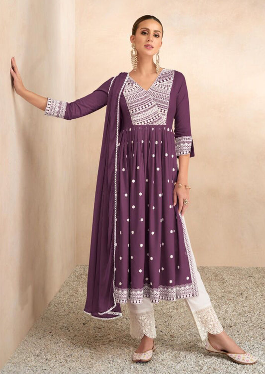 Plum Purple Chikankari Inspired Suit with White Pants and Dupatta