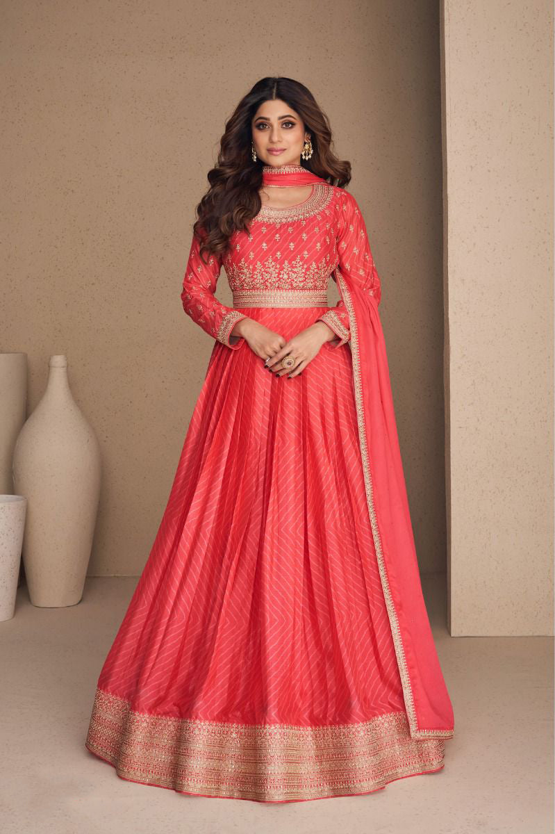 Coral Pink  Soft Silk Floor Length Anarkali Suit with Dupatta