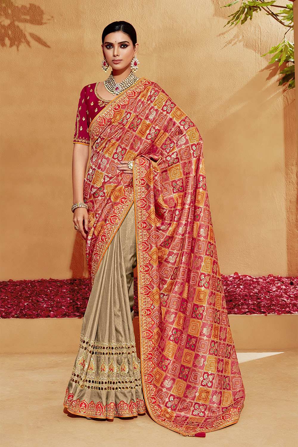 Red with Beige Stunning Designer Bridal Dola Silk Saree with Heavy Embroidered Blouse