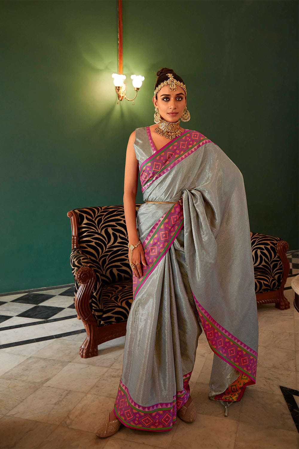 Silver Grey Soft Kanjivaram Style Saree with Ekat Woven Border