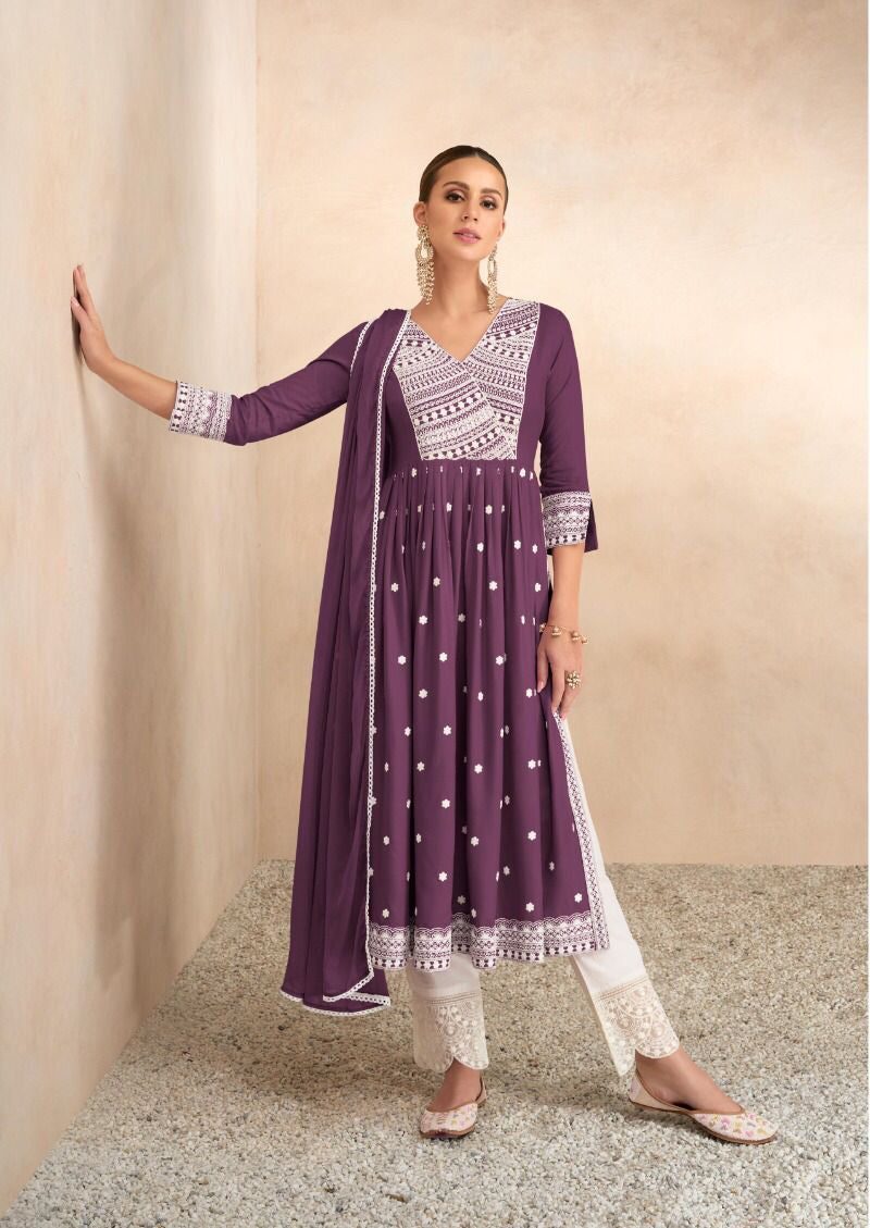 Plum Purple Chikankari Inspired Suit with White Pants and Dupatta