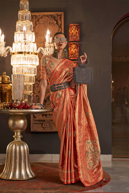 Persian Orange Soft Banarasi Silk with Menakari Butti and Khimkhab Style Blouse