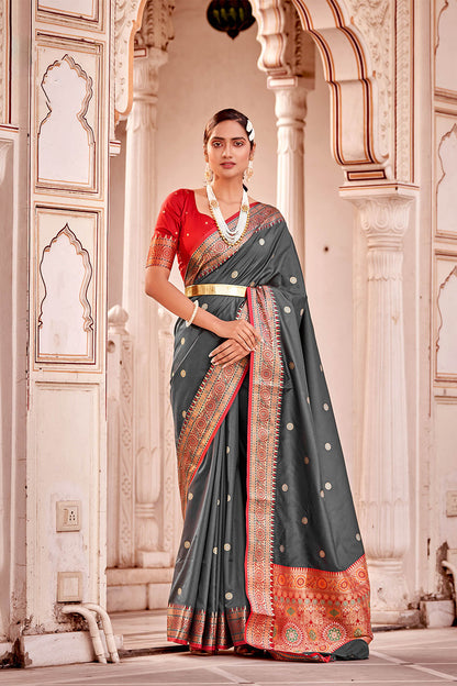 Zenith Grey  Soft Silk Paithani Saree with Contrast Banarasi Blouse