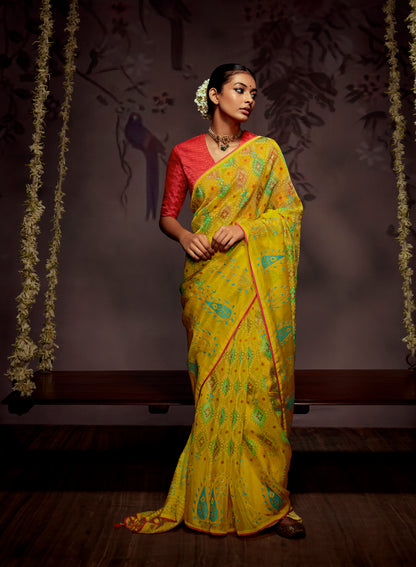 Lemon Yellow  Checks Designer Soft Organza Saree with Zari Border