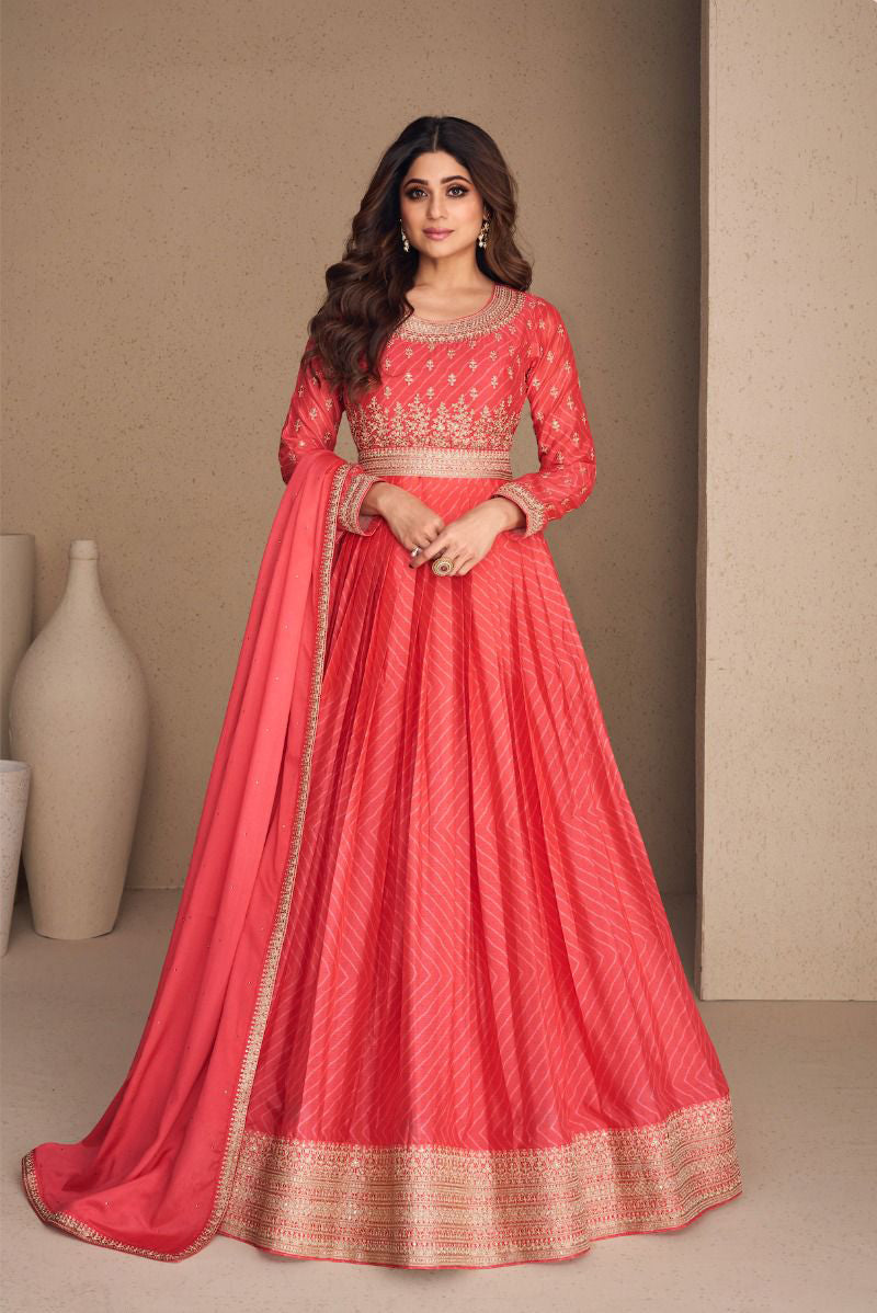 Coral Pink  Soft Silk Floor Length Anarkali Suit with Dupatta