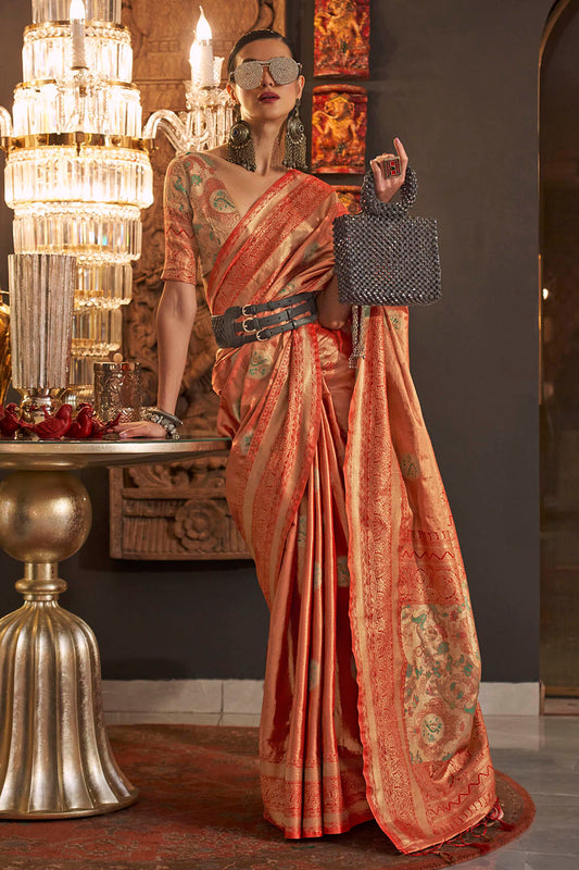 Persian Orange Soft Banarasi Silk with Menakari Butti and Khimkhab Style Blouse