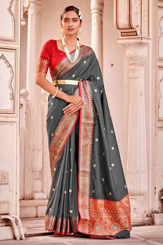 Zenith Grey  Soft Silk Paithani Saree with Contrast Banarasi Blouse