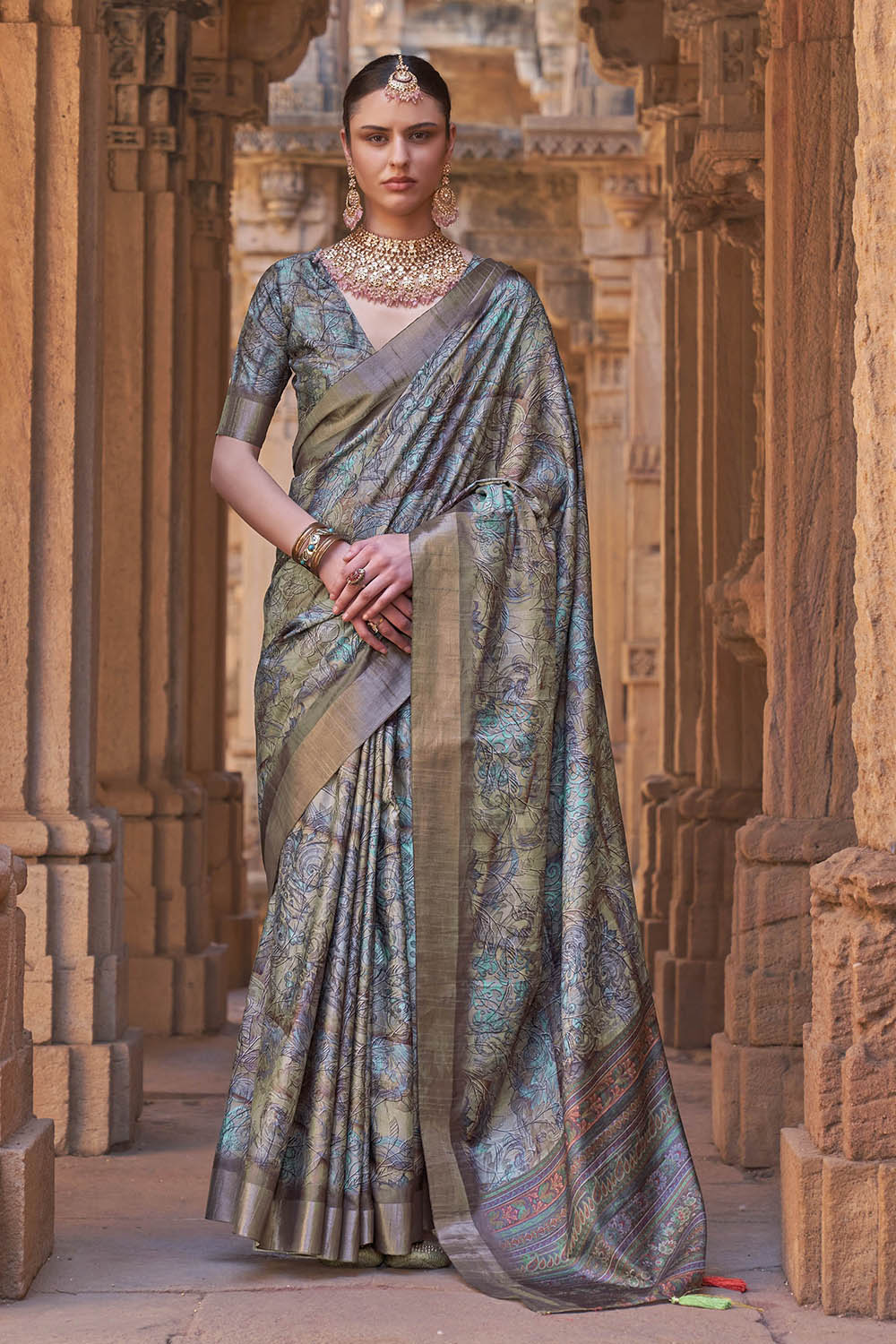 Copper Blue  Soft Tussar Silk Floral Kalamkari Saree