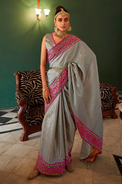 Silver Grey Soft Kanjivaram Style Saree with Ekat Woven Border