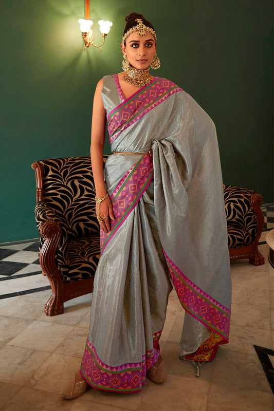 Silver Grey Soft Kanjivaram Style Saree with Ekat Woven Border