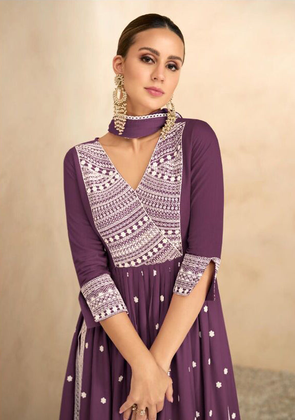 Plum Purple Chikankari Inspired Suit with White Pants and Dupatta