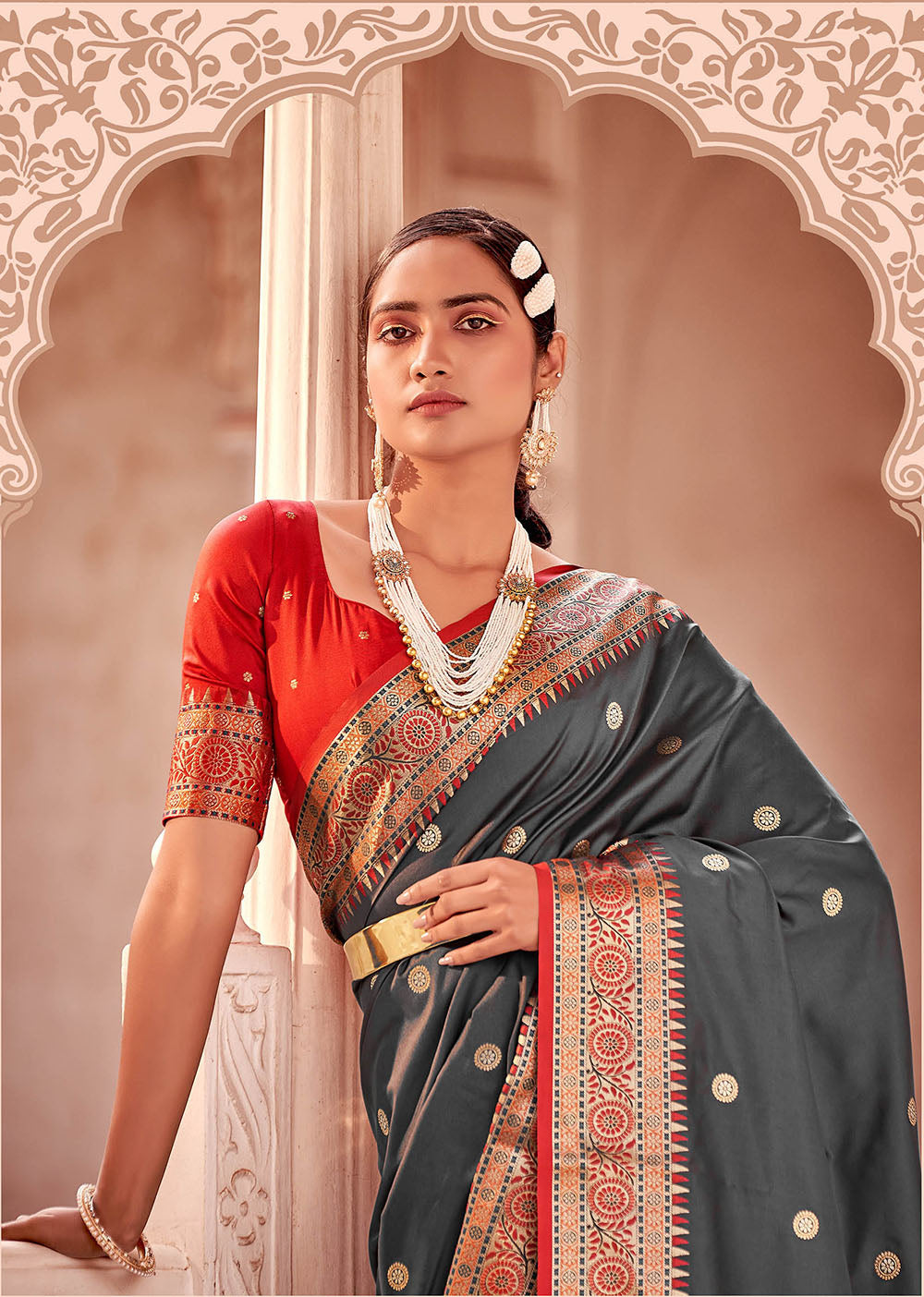 Zenith Grey  Soft Silk Paithani Saree with Contrast Banarasi Blouse