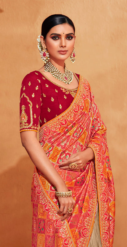 Red with Beige Stunning Designer Bridal Dola Silk Saree with Heavy Embroidered Blouse