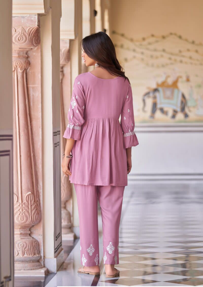 Thullian Pink Chikankari Stylish Pant Suit in Rayon Cotton