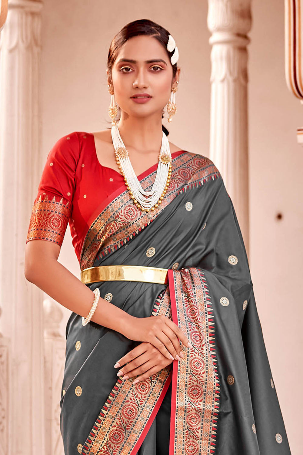 Zenith Grey  Soft Silk Paithani Saree with Contrast Banarasi Blouse