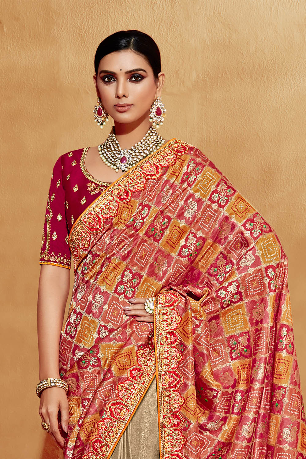 Red with Beige Stunning Designer Bridal Dola Silk Saree with Heavy Embroidered Blouse