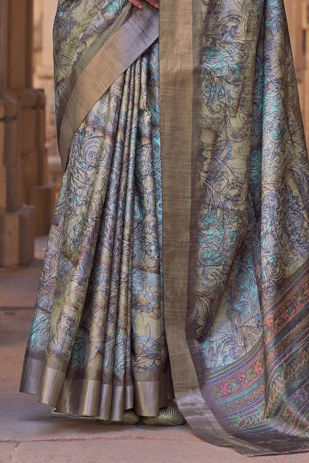 Copper Blue  Soft Tussar Silk Floral Kalamkari Saree