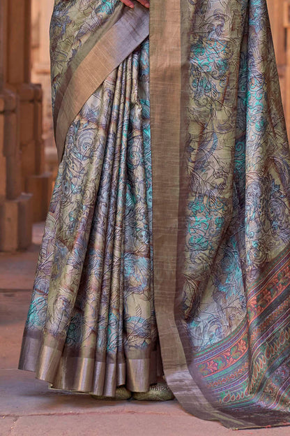 Copper Blue  Soft Tussar Silk Floral Kalamkari Saree