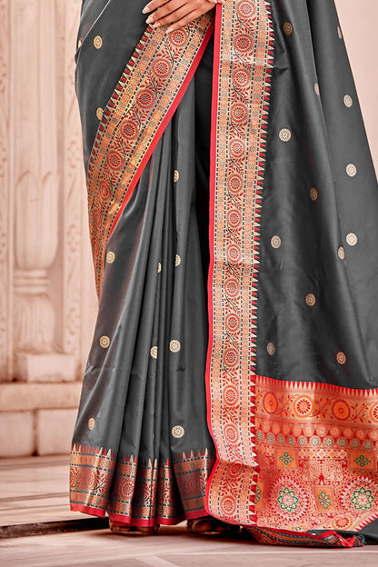 Zenith Grey  Soft Silk Paithani Saree with Contrast Banarasi Blouse