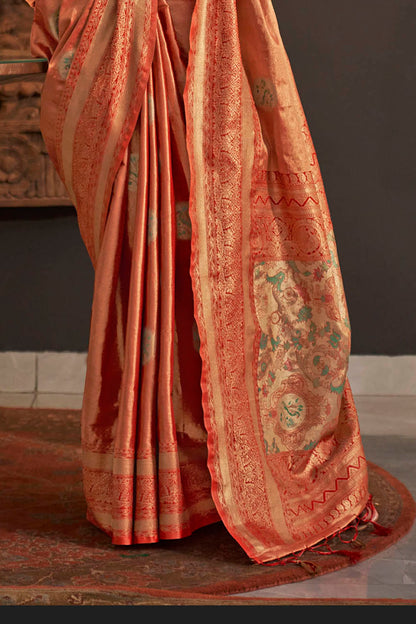 Persian Orange Soft Banarasi Silk with Menakari Butti and Khimkhab Style Blouse