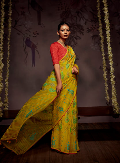 Lemon Yellow  Checks Designer Soft Organza Saree with Zari Border