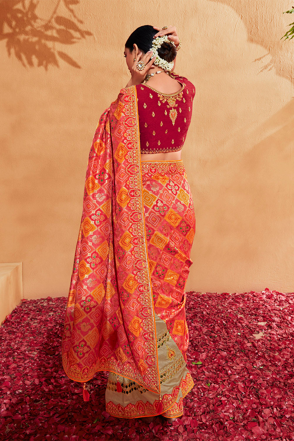 Red with Beige Stunning Designer Bridal Dola Silk Saree with Heavy Embroidered Blouse