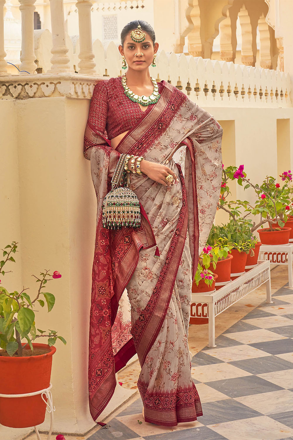 Grey Red Soft Floral Printed Saree with Ekat Border and Pallu