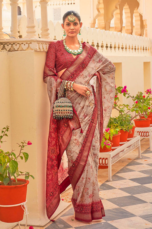 Grey Red Soft Floral Printed Saree with Ekat Border and Pallu