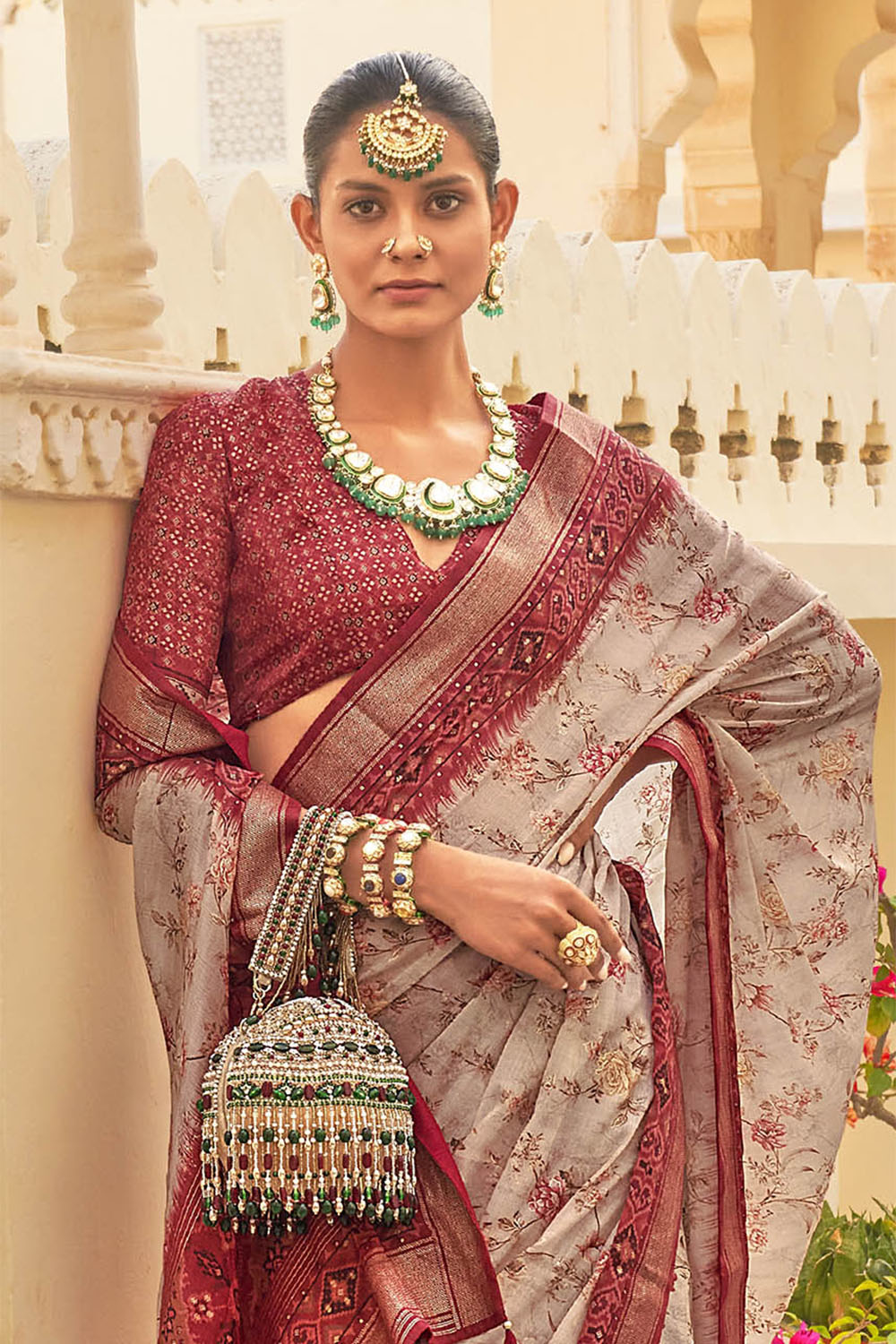 Grey Red Soft Floral Printed Saree with Ekat Border and Pallu