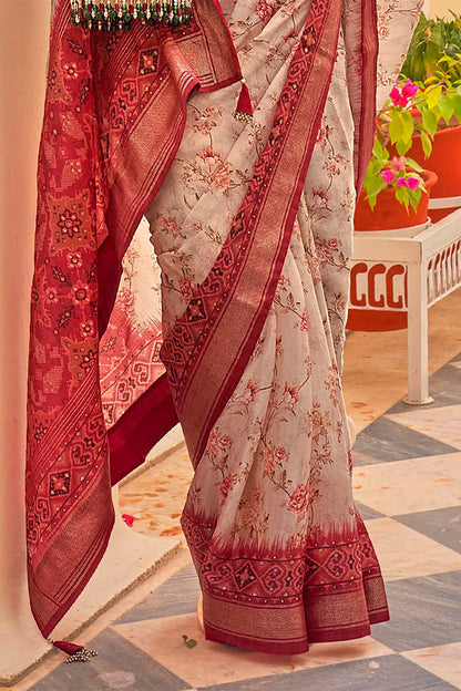 Grey Red Soft Floral Printed Saree with Ekat Border and Pallu