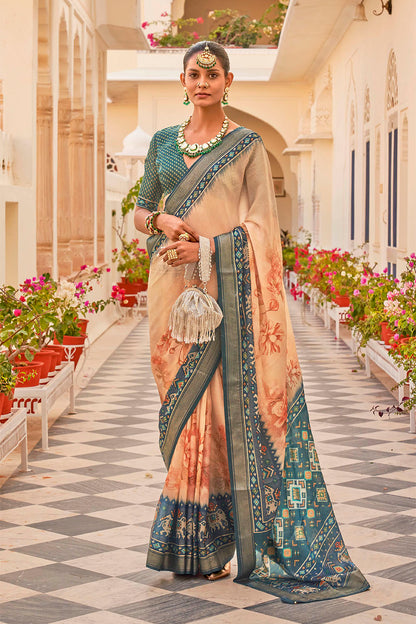 Soft Orange & Green Soft Floral Printed Saree with Ekat Border and Pallu