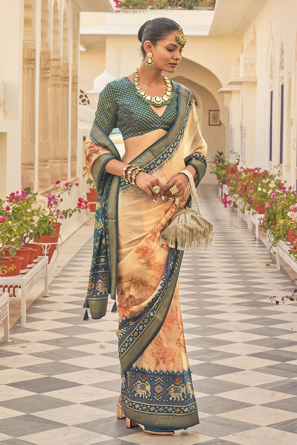 Soft Orange & Green Soft Floral Printed Saree with Ekat Border and Pallu