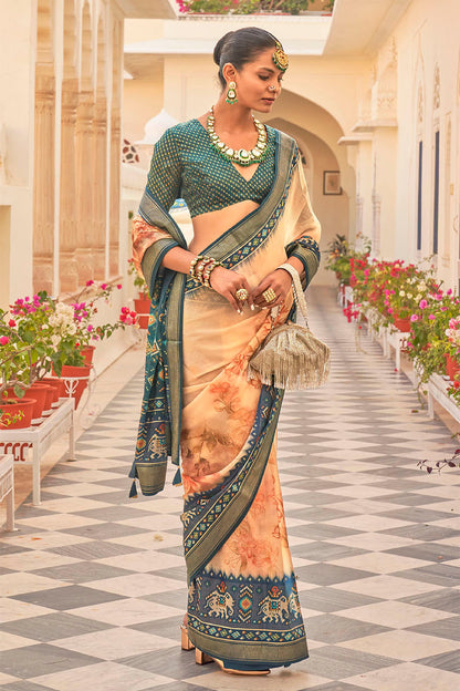 Soft Orange & Green Soft Floral Printed Saree with Ekat Border and Pallu