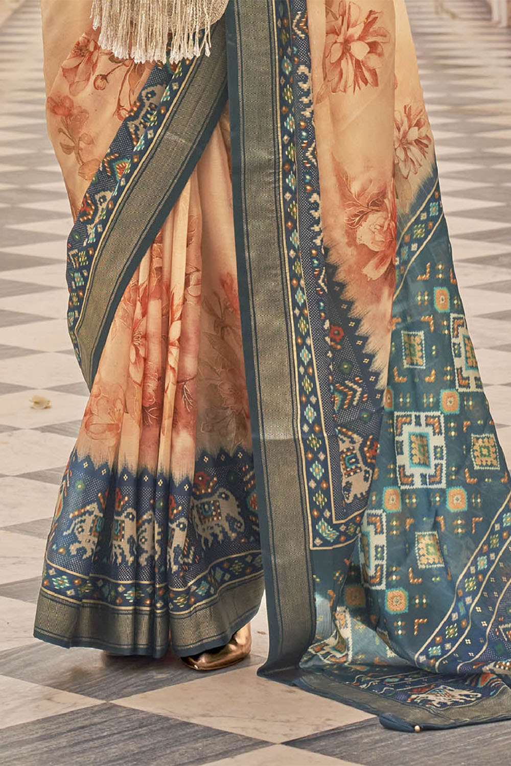 Soft Orange & Green Soft Floral Printed Saree with Ekat Border and Pallu