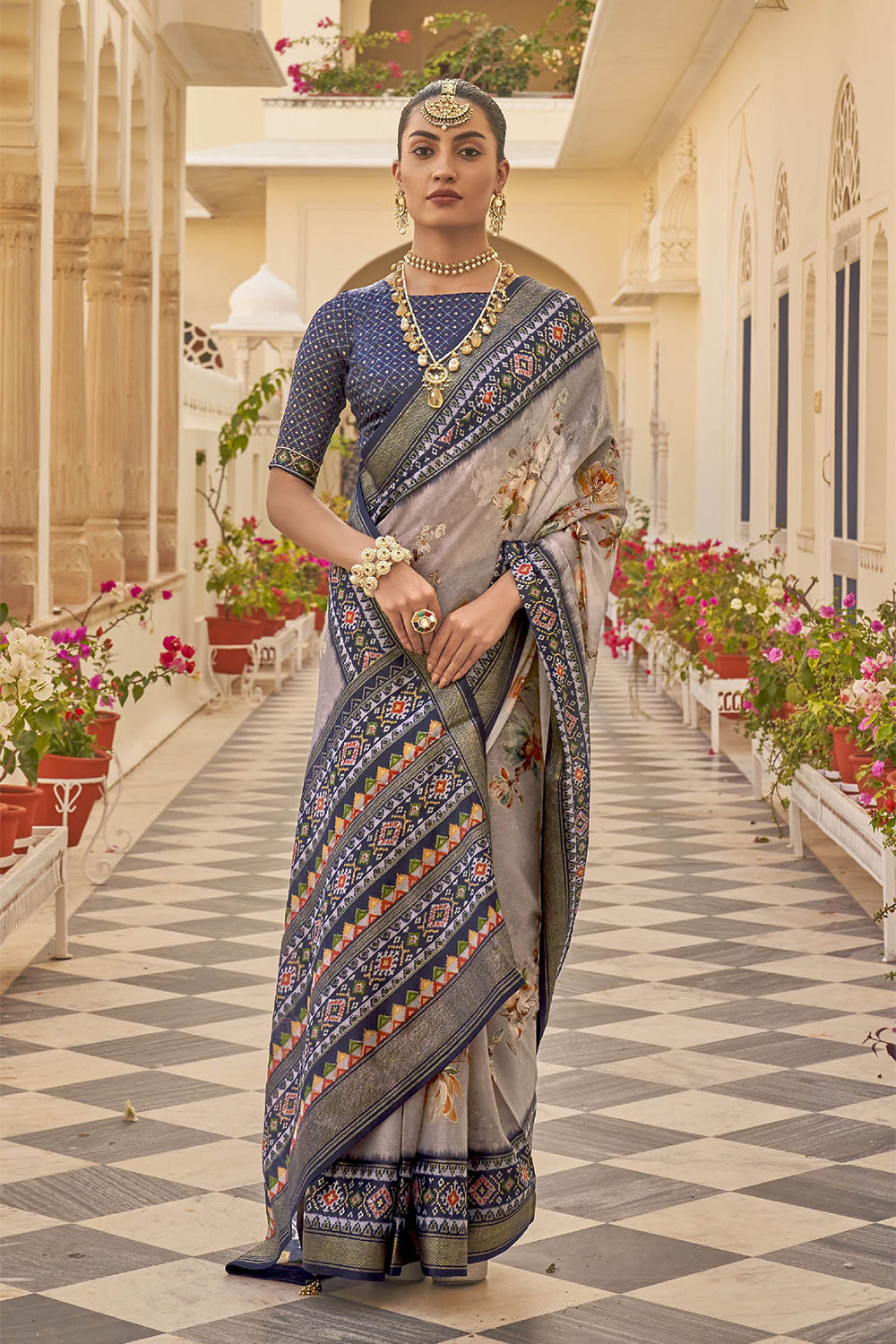 Grey & Blue Soft Floral Printed Saree with Ekat Border and Pallu