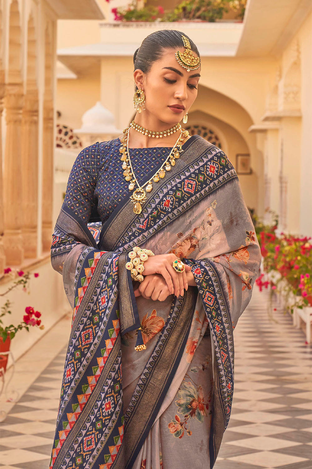 Grey & Blue Soft Floral Printed Saree with Ekat Border and Pallu