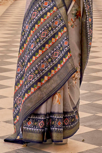 Grey & Blue Soft Floral Printed Saree with Ekat Border and Pallu