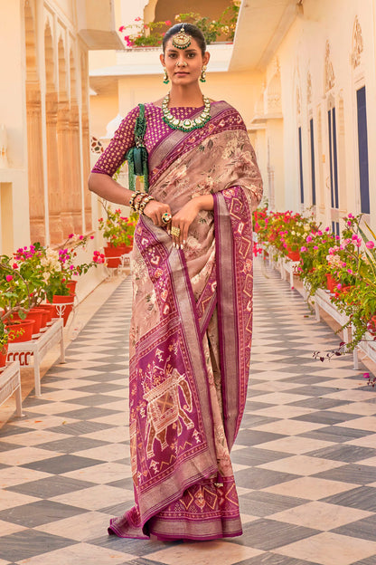 Creme with Pink Soft Floral Printed Saree with Ekat Border and Pallu