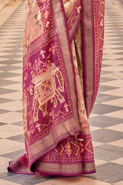 Creme with Pink Soft Floral Printed Saree with Ekat Border and Pallu