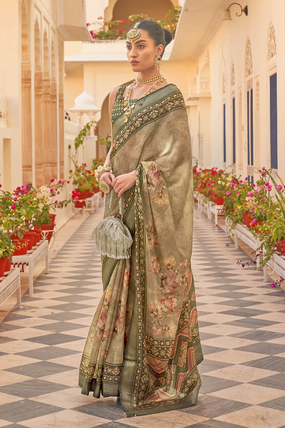 Olive with Dark Green Soft Floral Printed Saree with Ekat Border and Pallu