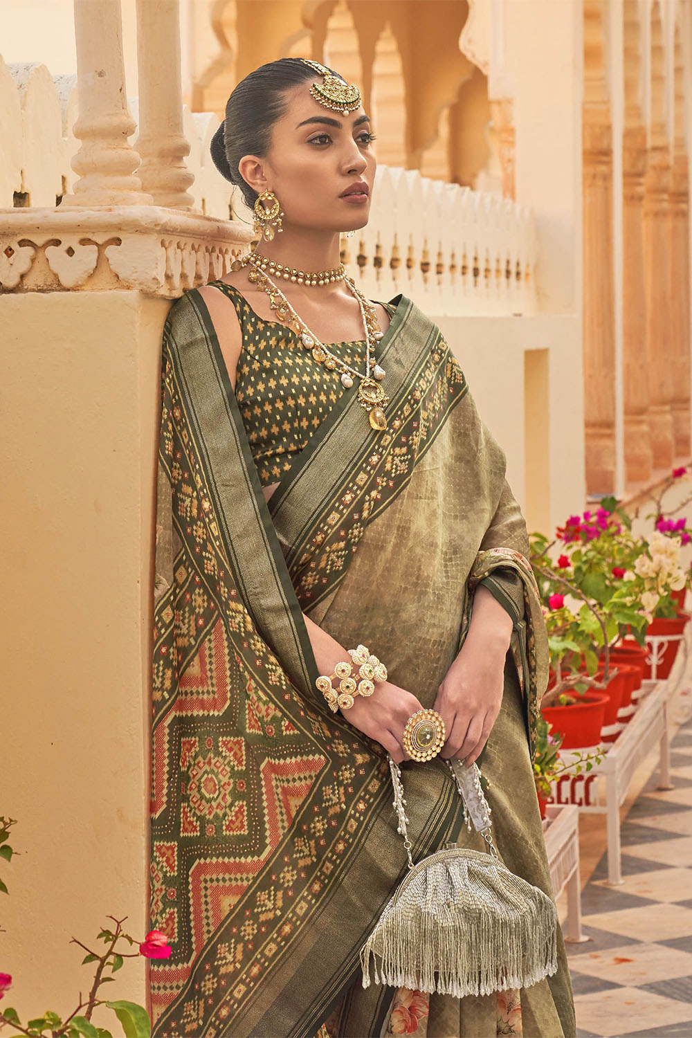 Olive with Dark Green Soft Floral Printed Saree with Ekat Border and Pallu