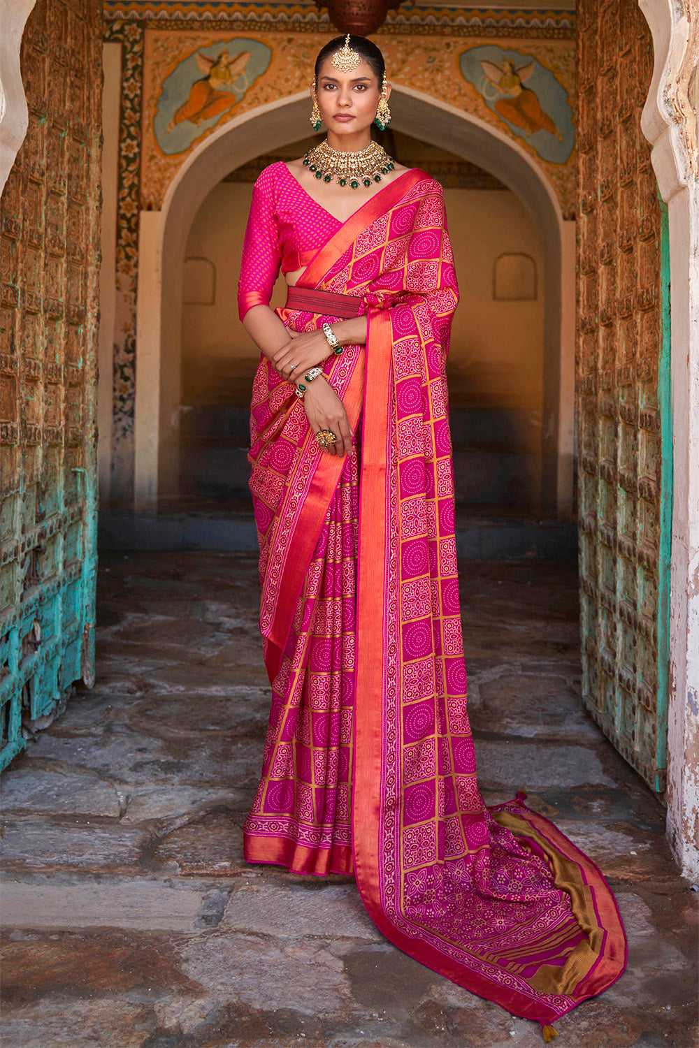 Fuscia Pink Gharchola Checks Design Ajrakh Saree with Beautiful Border