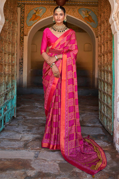 Fuscia Pink Gharchola Checks Design Ajrakh Saree with Beautiful Border