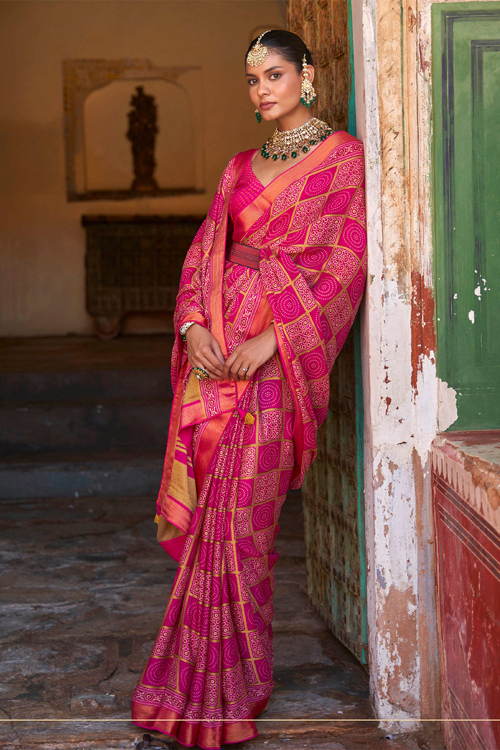 Fuscia Pink Gharchola Checks Design Ajrakh Saree with Beautiful Border