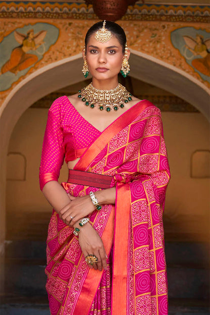 Fuscia Pink Gharchola Checks Design Ajrakh Saree with Beautiful Border