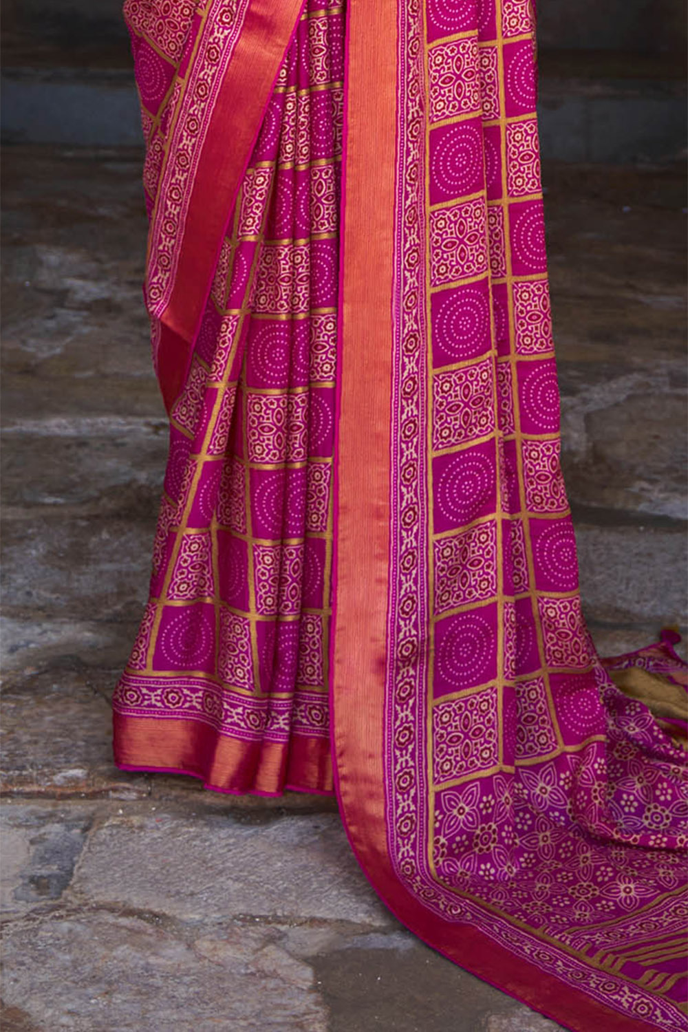 Fuscia Pink Gharchola Checks Design Ajrakh Saree with Beautiful Border