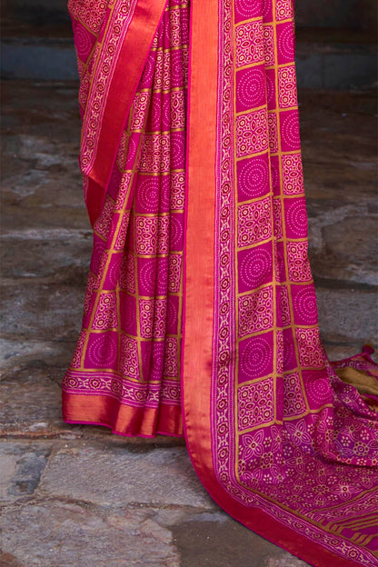 Fuscia Pink Gharchola Checks Design Ajrakh Saree with Beautiful Border