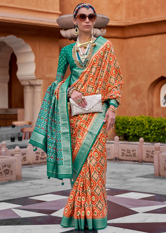 Orange with Green Soft Floral Printed Saree with Ekat Border and Pallu